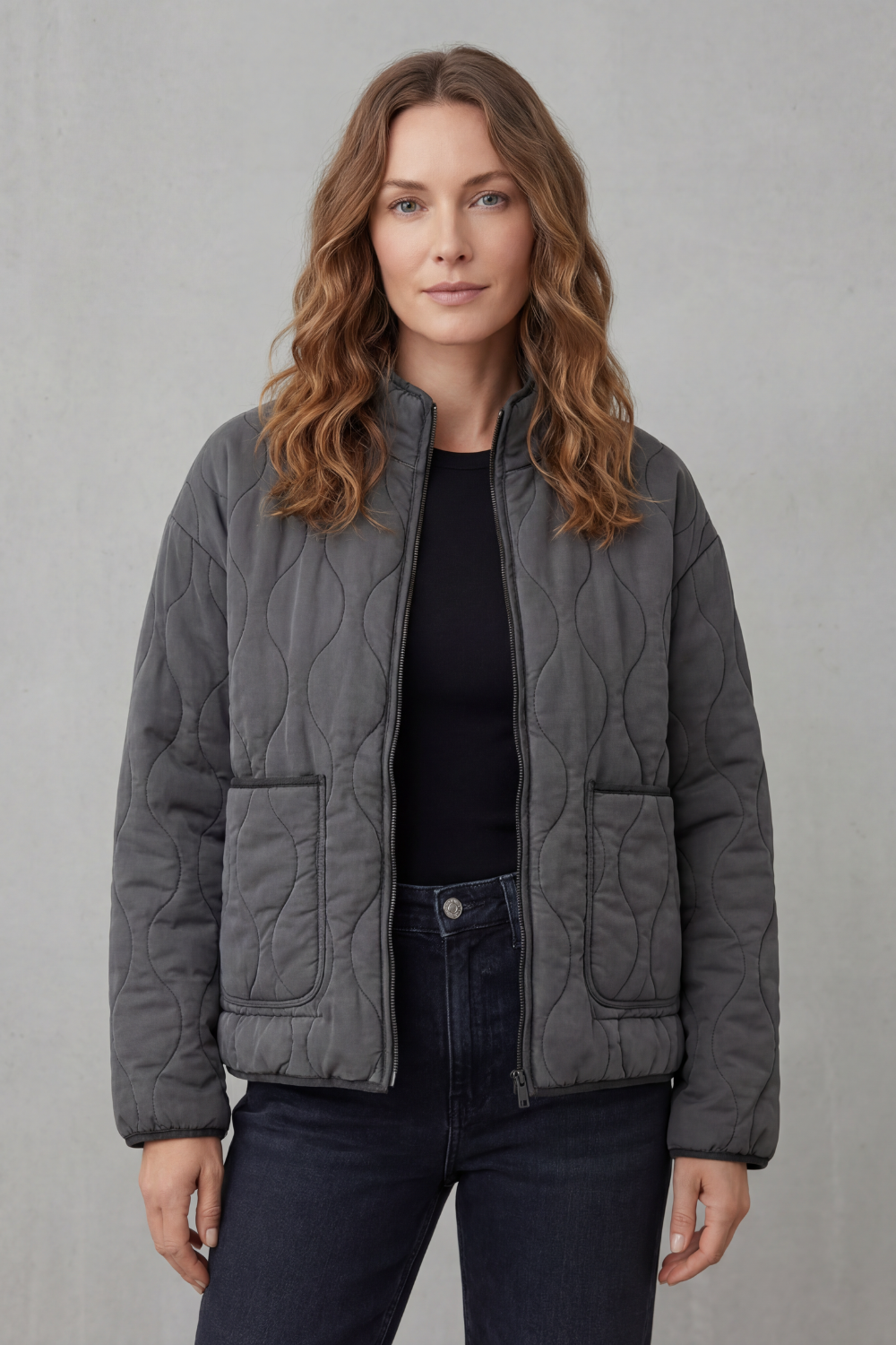 Women's Quilted Jacket with Stand Collar and Zip Front