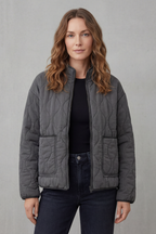 Women's Quilted Jacket with Stand Collar and Zip Front