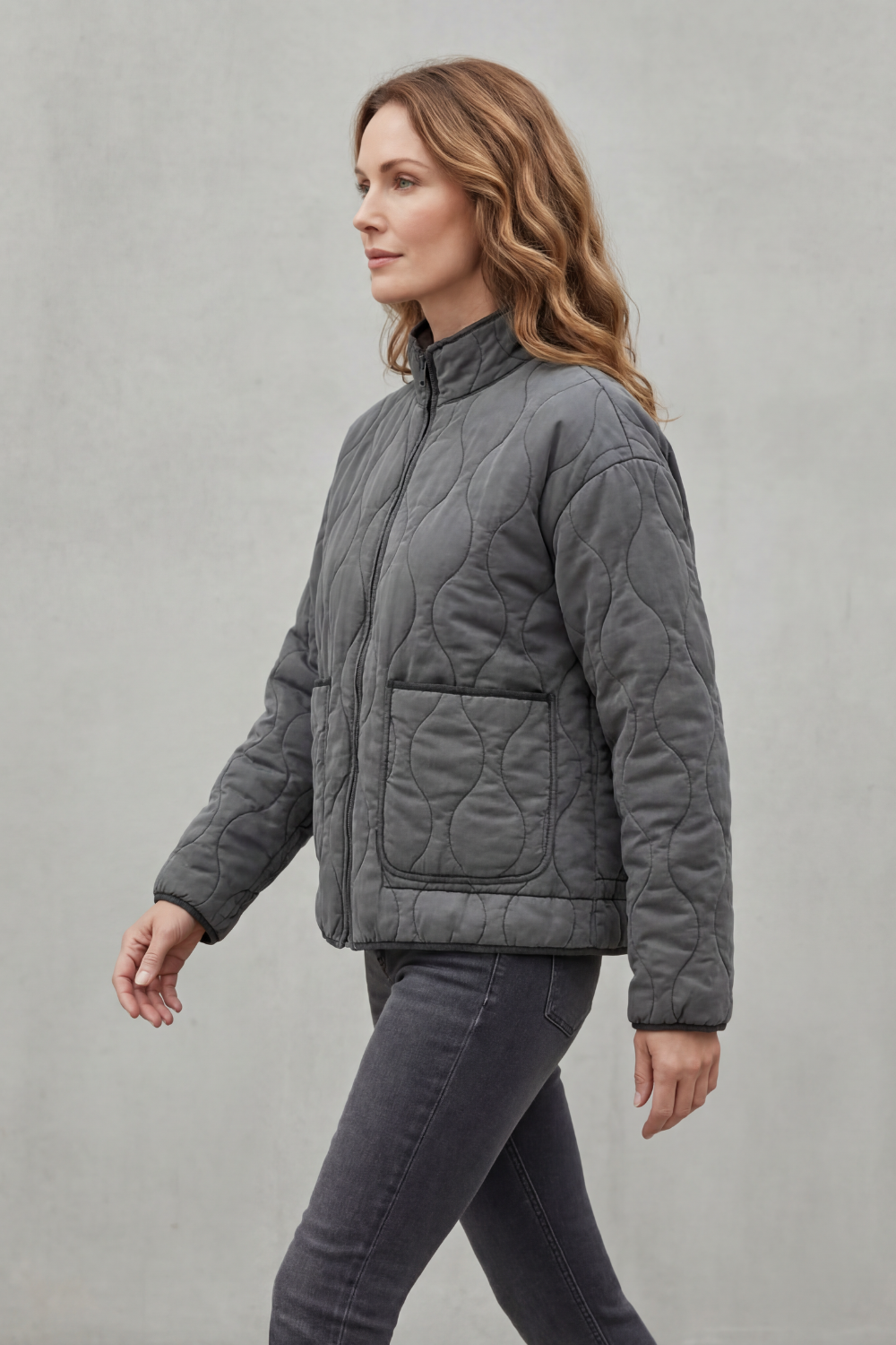 Women's Quilted Jacket with Stand Collar and Zip Front