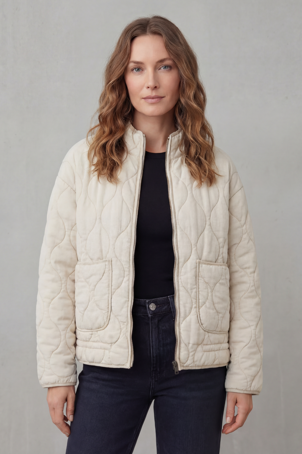 Women's Quilted Jacket with Stand Collar and Zip Front