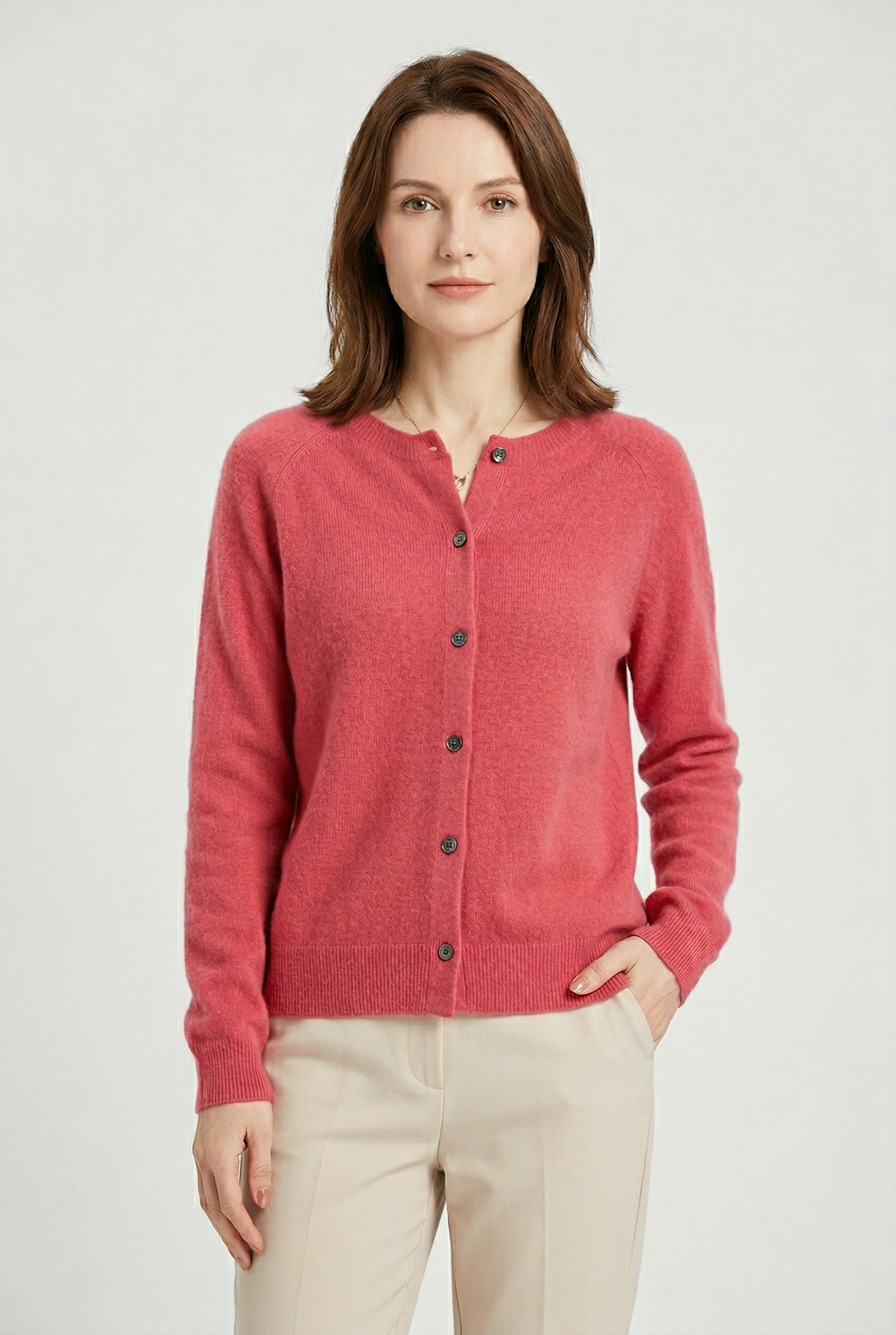 Women's Round Neck Knit Cardigan with Button Front