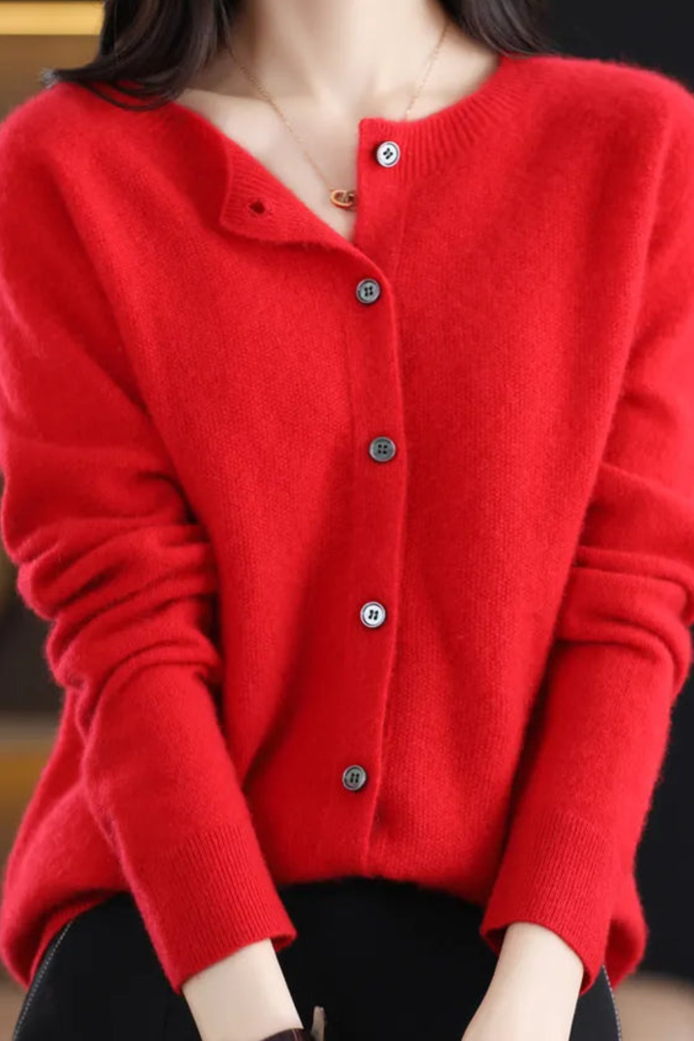 Women's Round Neck Knit Cardigan with Button Front