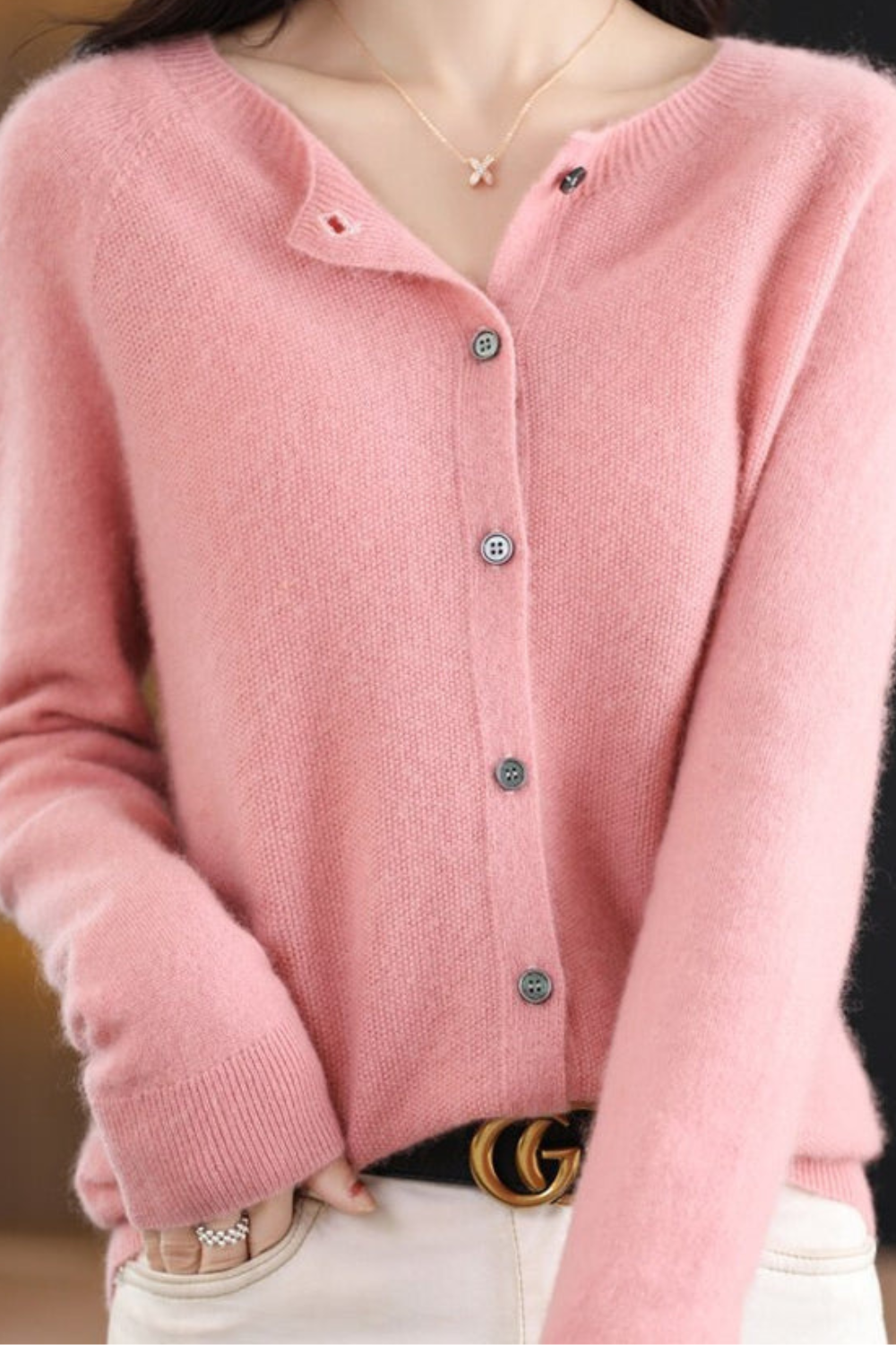 Women's Round Neck Knit Cardigan with Button Front