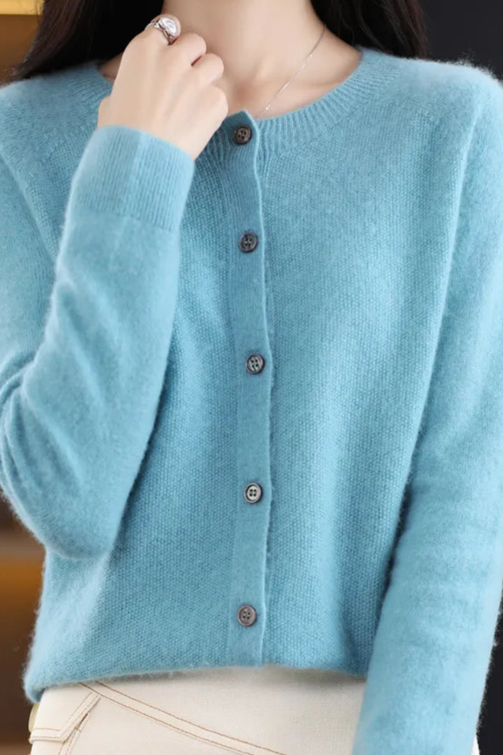 Women's Round Neck Knit Cardigan with Button Front
