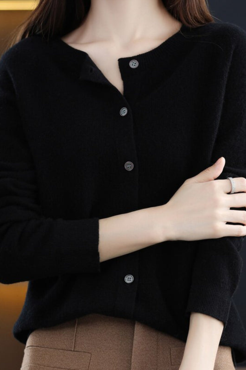 Women's Round Neck Knit Cardigan with Button Front