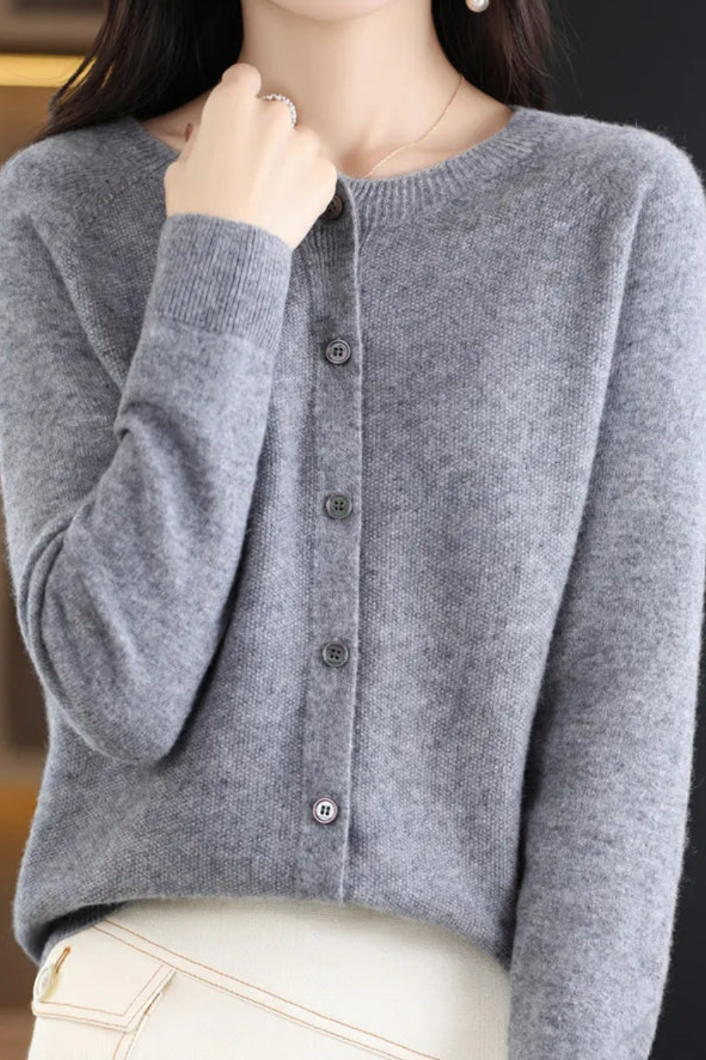Women's Round Neck Knit Cardigan with Button Front