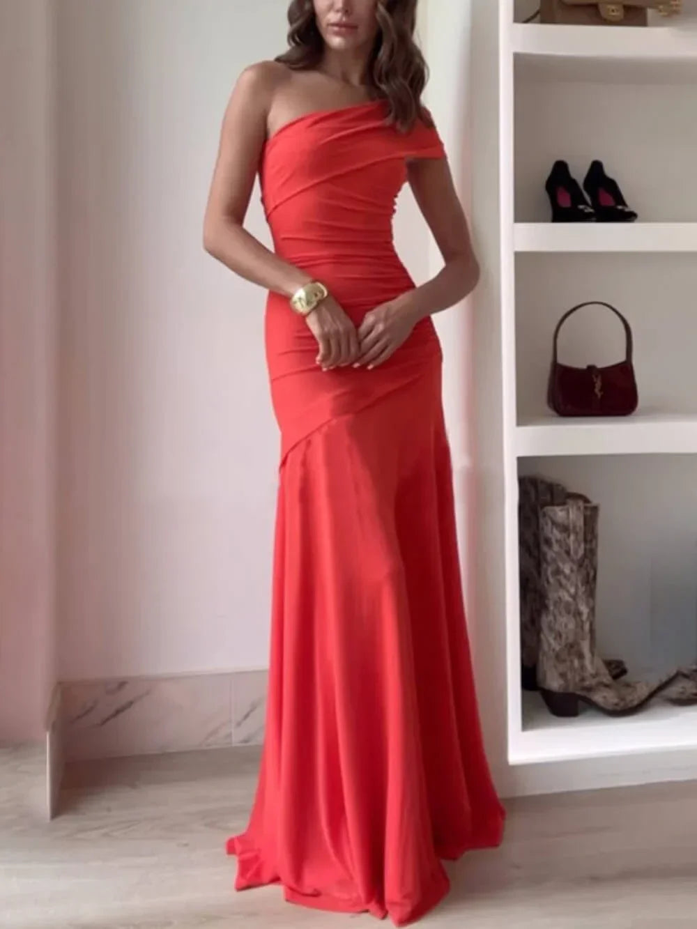 Women's Ruched Maxi Dress | One Shoulder Bodycon Evening Party Gown