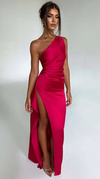 Women's Satin Maxi Dress | One Shoulder Ruched High Slit Evening Gown