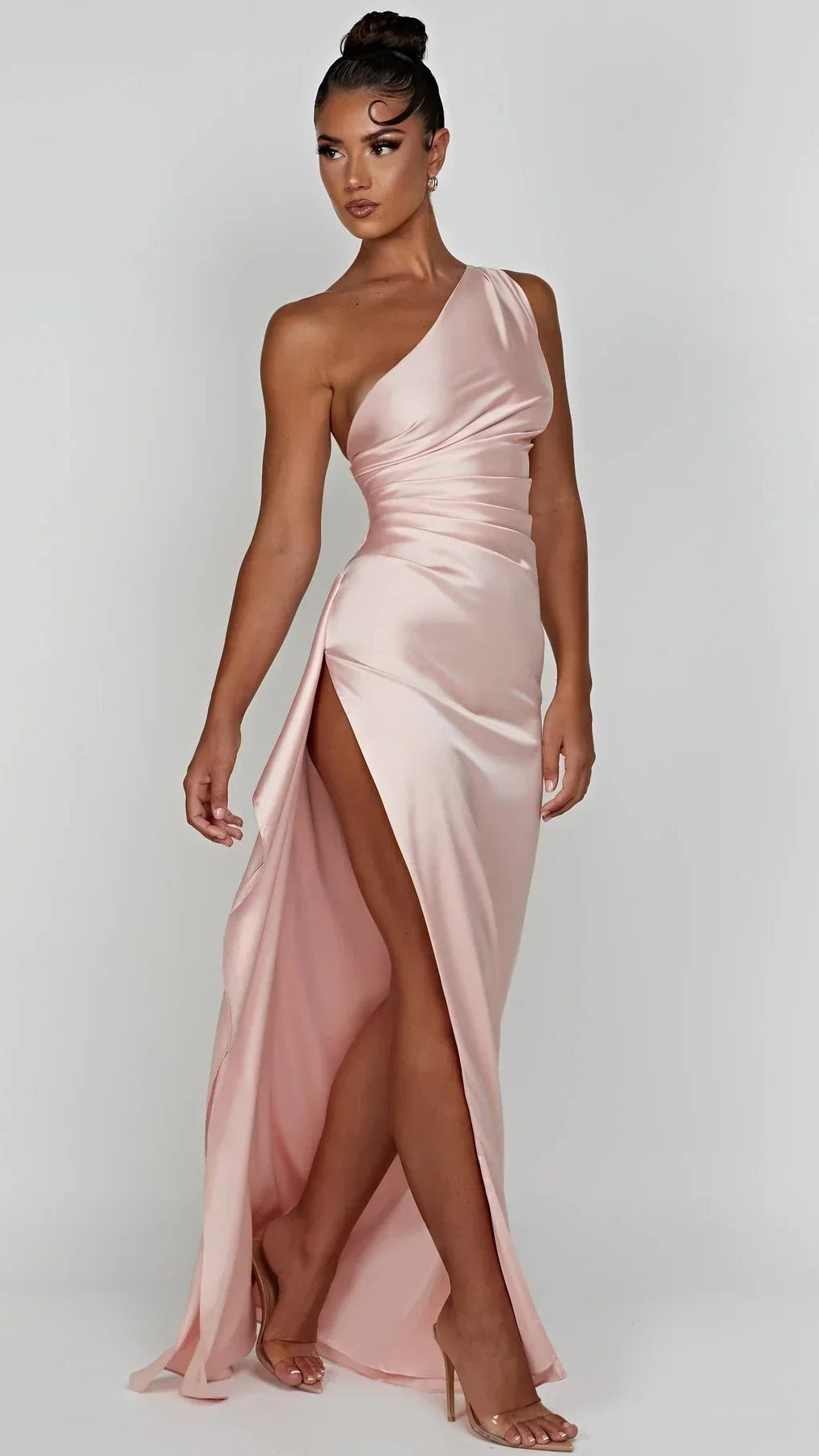 Women's Satin Maxi Dress | One Shoulder Ruched High Slit Evening Gown
