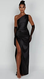 Women's Satin Maxi Dress | One Shoulder Ruched High Slit Evening Gown