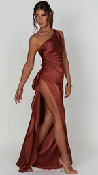 Women's Satin Maxi Dress | One Shoulder Ruched High Slit Evening Gown