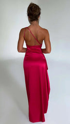 Women's Satin Maxi Dress | One Shoulder Ruched High Slit Evening Gown