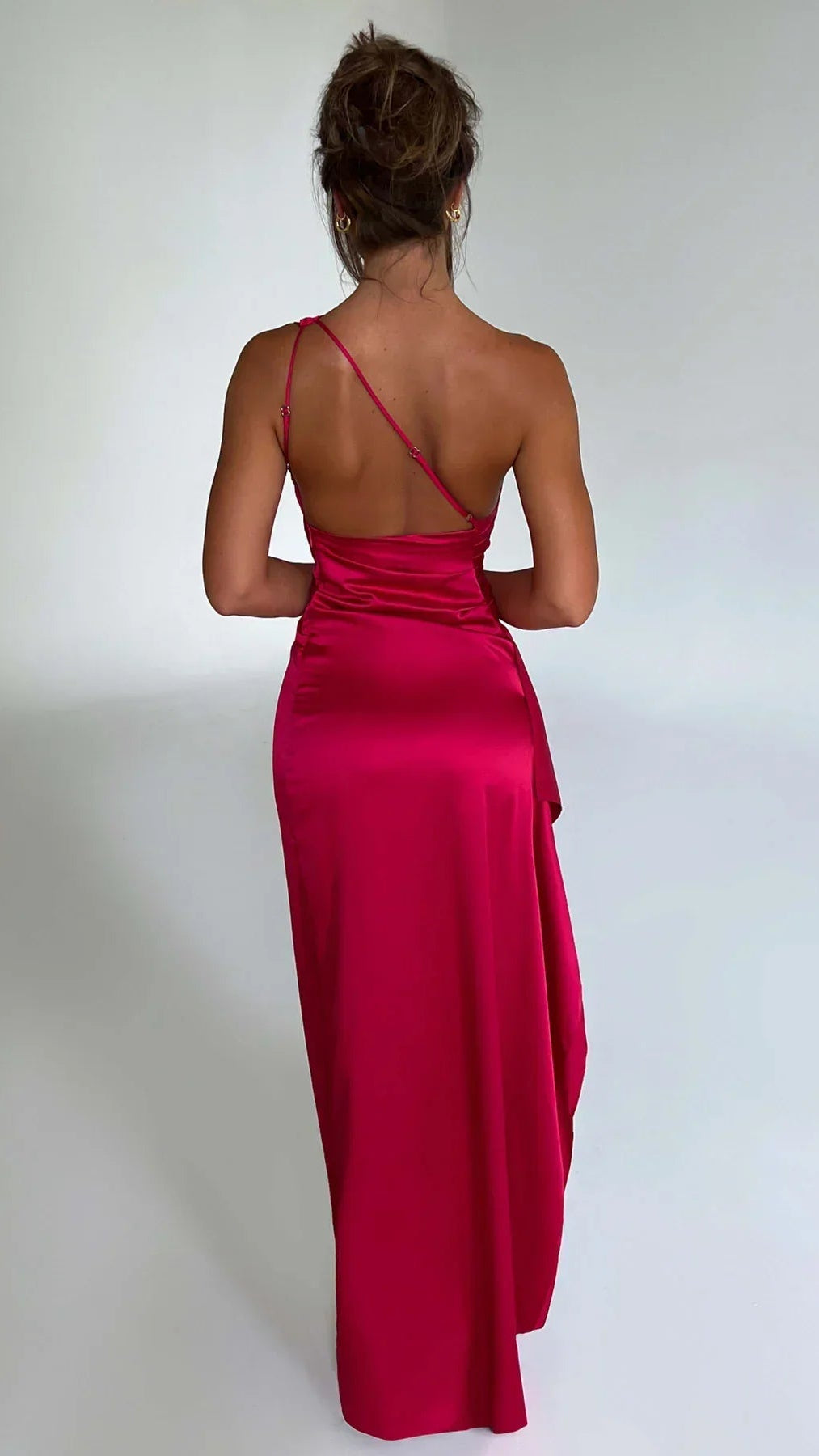 Women's Satin Maxi Dress | One Shoulder Ruched High Slit Evening Gown