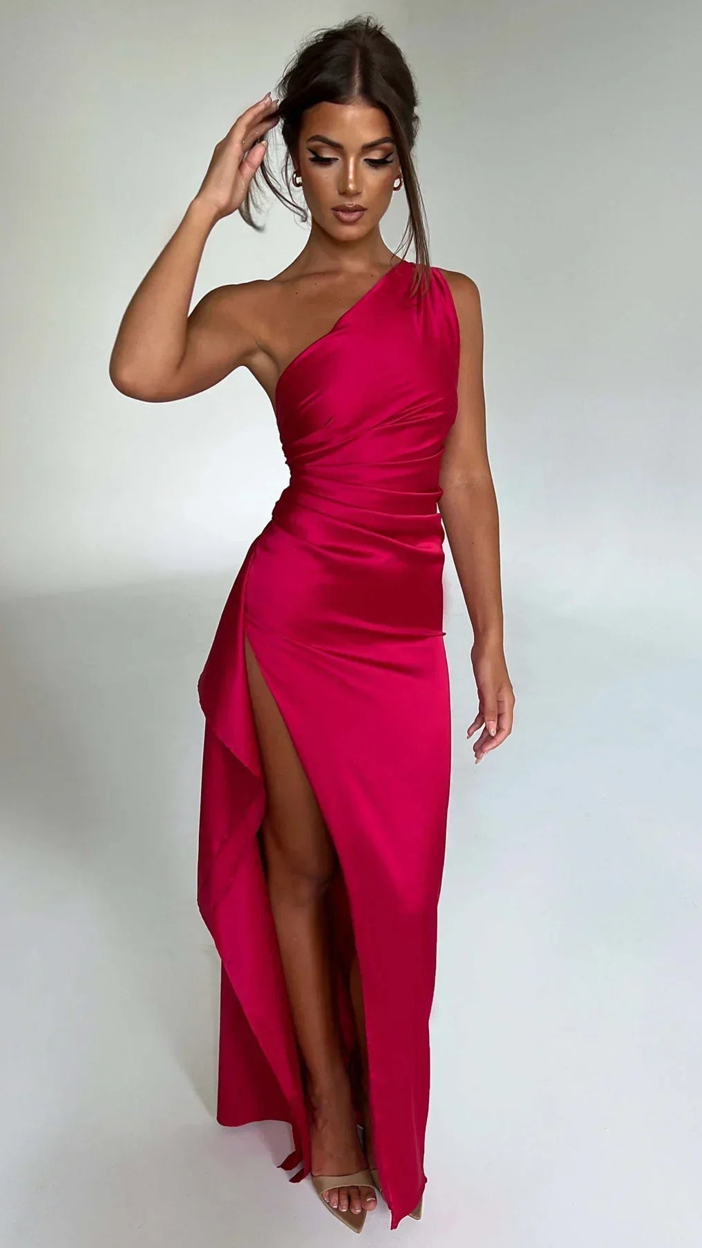 Women's Satin Maxi Dress | One Shoulder Ruched High Slit Evening Gown