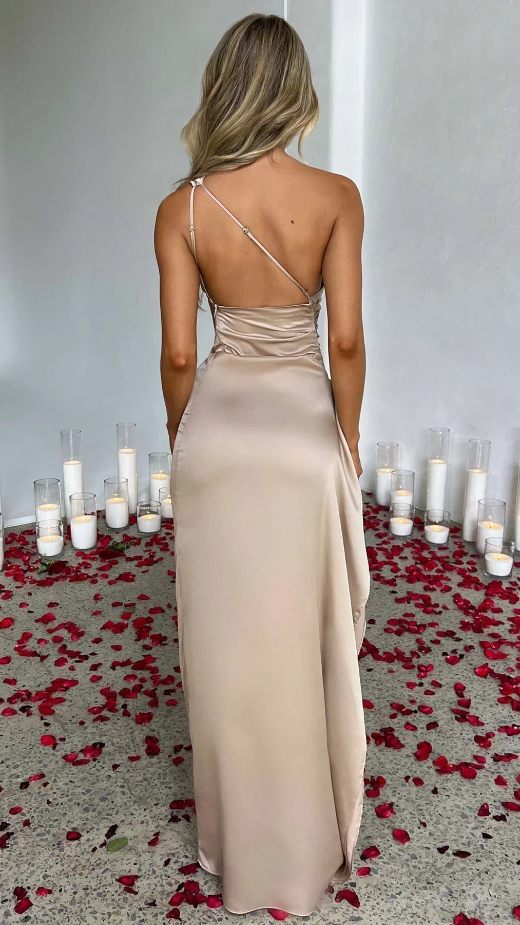 Women's Satin Maxi Dress | One Shoulder Ruched High Slit Evening Gown