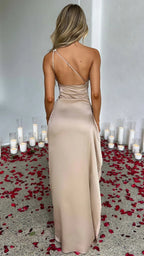 Women's Satin Maxi Dress | One Shoulder Ruched High Slit Evening Gown