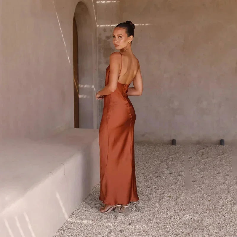 Women's Satin Slip Maxi Dress | Cowl Neck Sleeveless Evening Gown