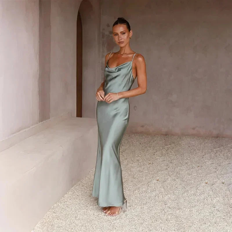 Women's Satin Slip Maxi Dress | Cowl Neck Sleeveless Evening Gown