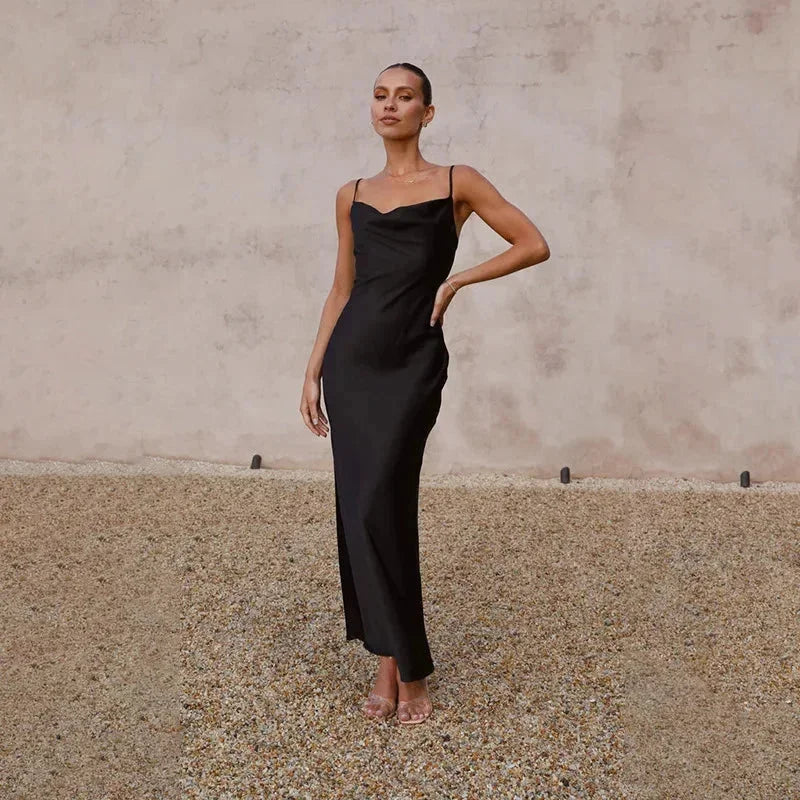 Women's Satin Slip Maxi Dress | Cowl Neck Sleeveless Evening Gown