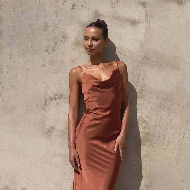 Women's Satin Slip Maxi Dress | Cowl Neck Sleeveless Evening Gown