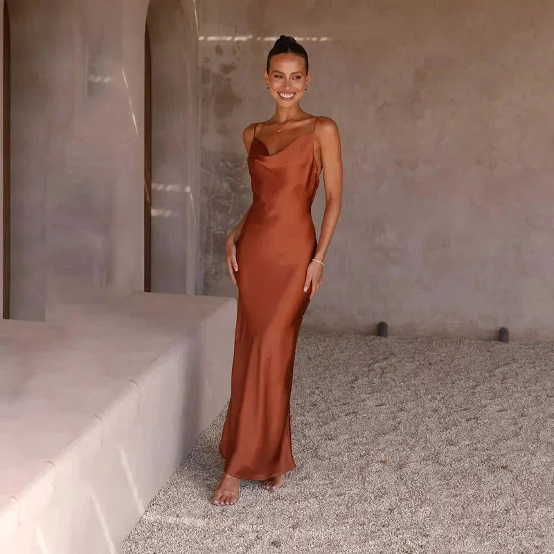 Women's Satin Slip Maxi Dress | Cowl Neck Sleeveless Evening Gown