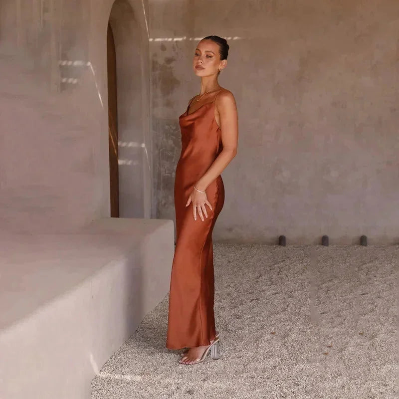 Women's Satin Slip Maxi Dress | Cowl Neck Sleeveless Evening Gown