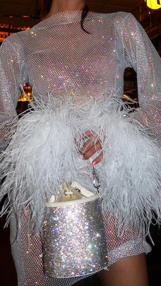 Women's Sequin Mini Dress | Long Sleeve Feather Cuff Party Cocktail
