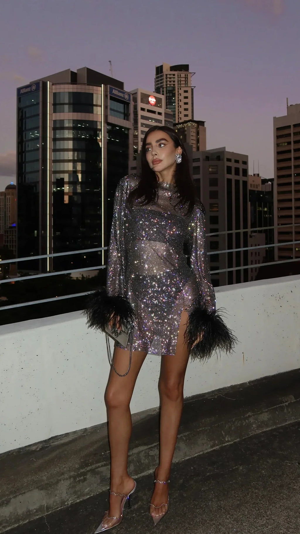 Women's Sequin Mini Dress | Long Sleeve Feather Cuff Party Cocktail