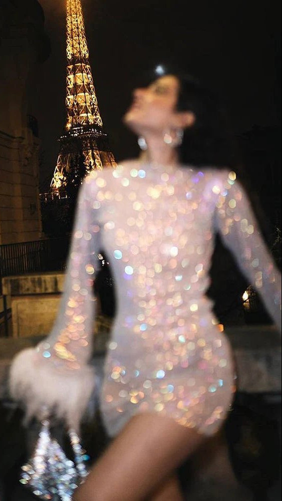 Women's Sequin Mini Dress | Long Sleeve Feather Cuff Party Cocktail