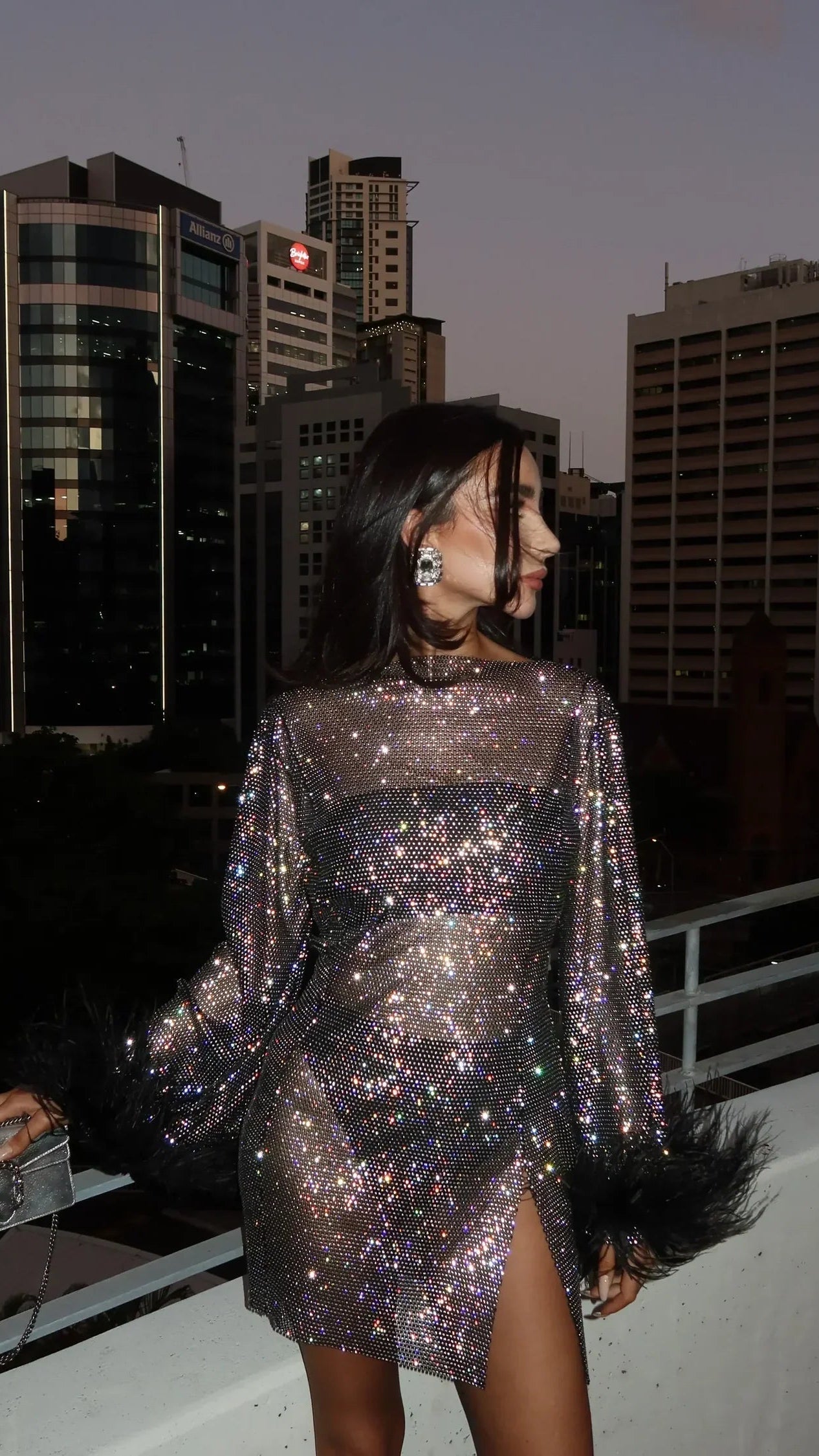 Women's Sequin Mini Dress | Long Sleeve Feather Cuff Party Cocktail