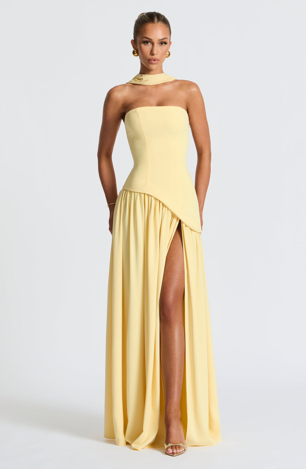 Women's Strapless Maxi Dress | Draped High Slit Scarf Detail Evening Gown