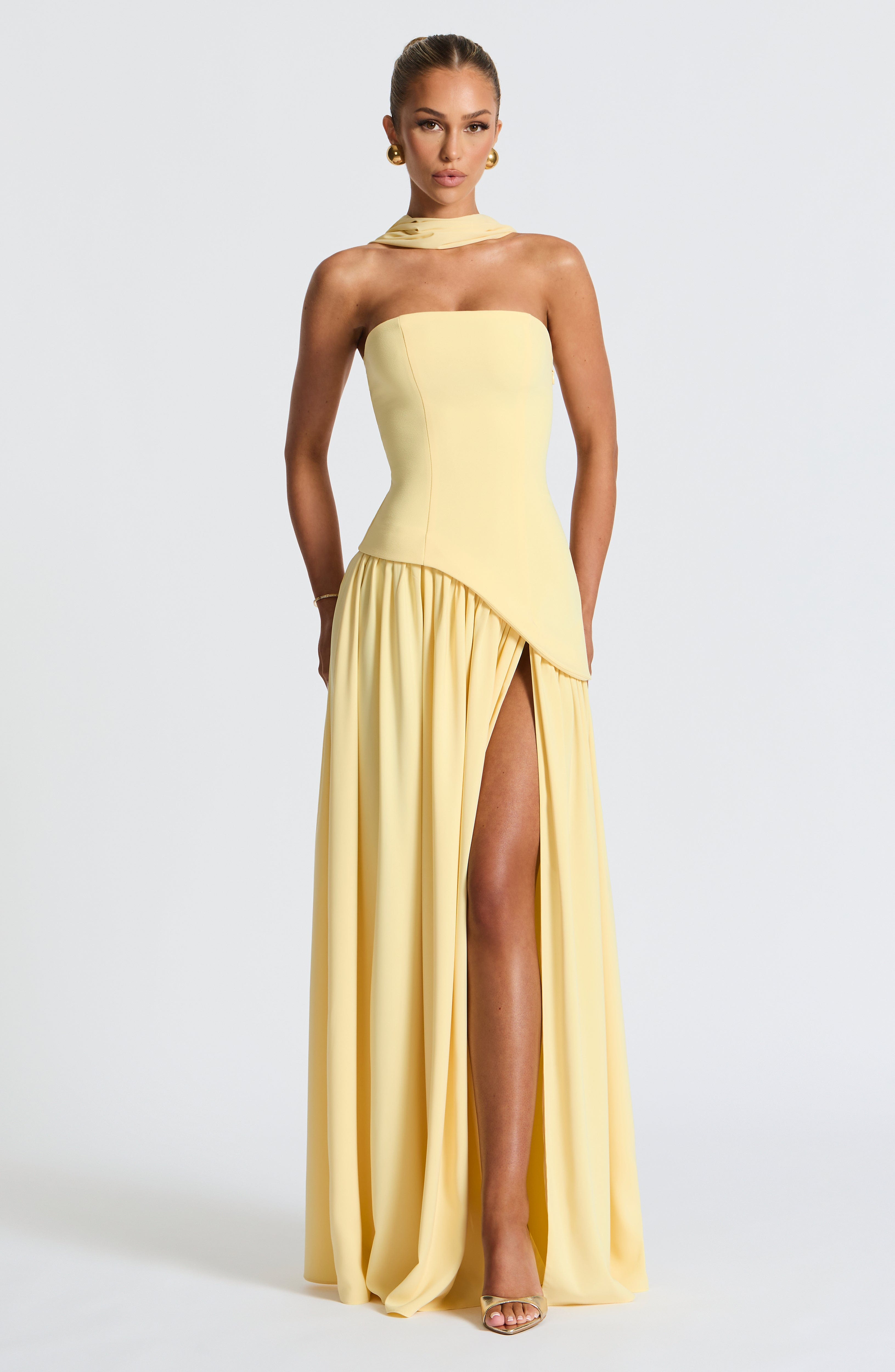 Women's Strapless Maxi Dress | Draped High Slit Scarf Detail Evening Gown