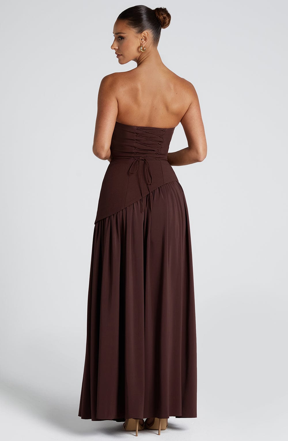 Women's Strapless Maxi Dress | Draped High Slit Scarf Detail Evening Gown