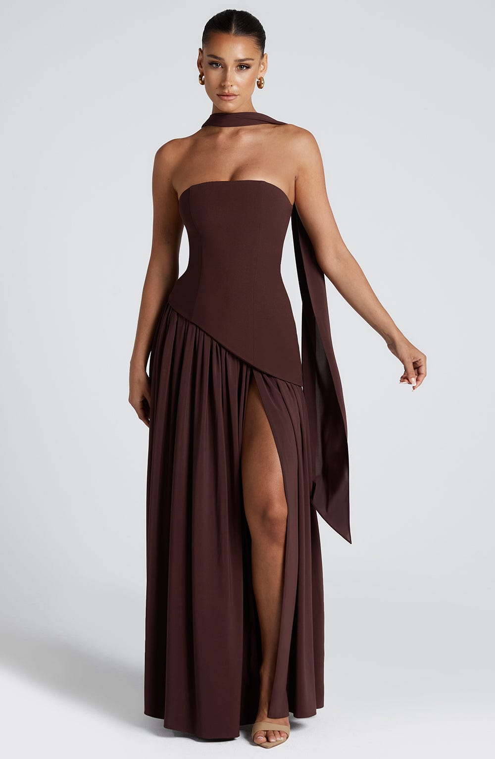 Women's Strapless Maxi Dress | Draped High Slit Scarf Detail Evening Gown