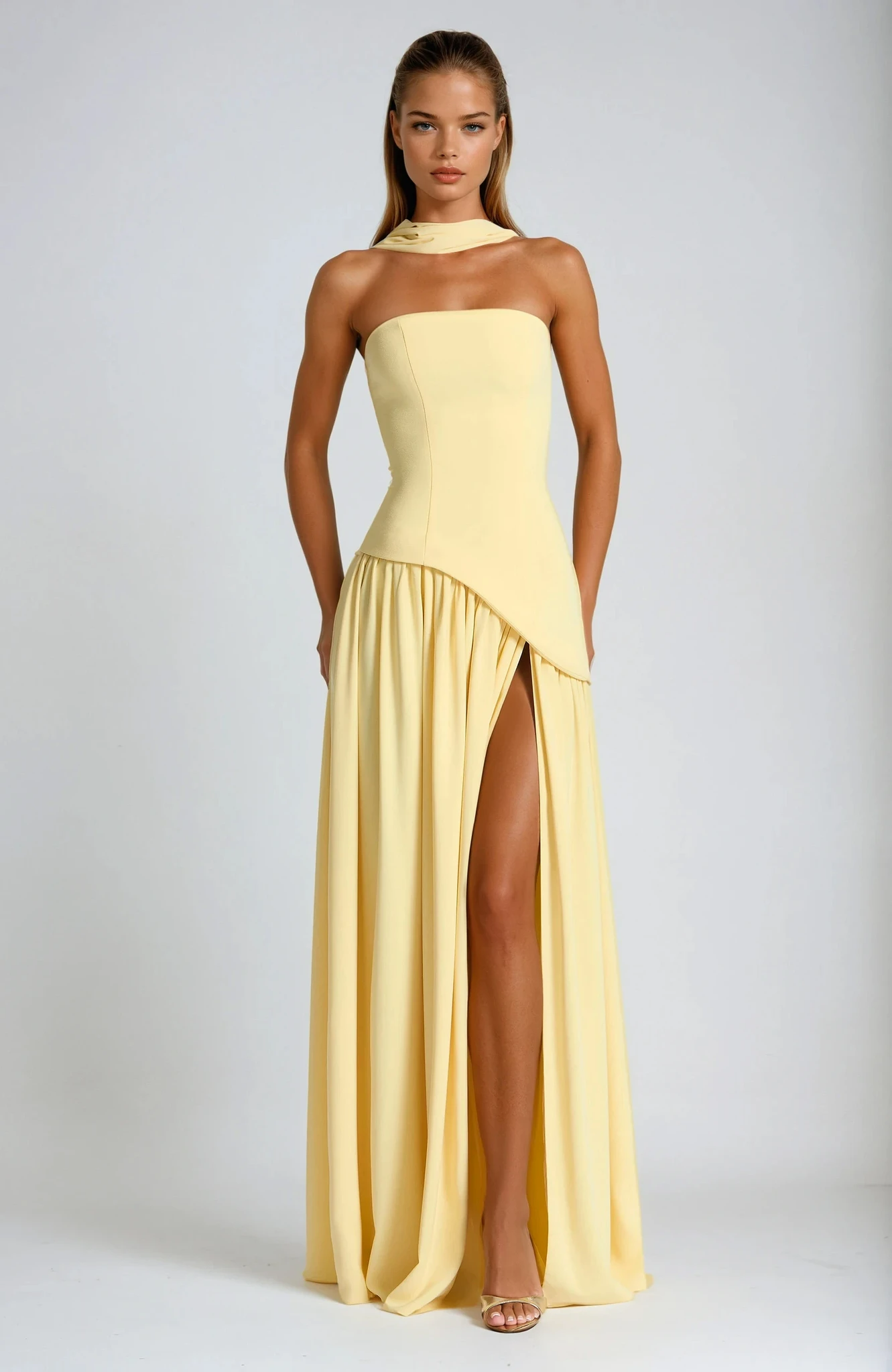 Women's Strapless Maxi Dress | Draped High Slit Scarf Detail Evening Gown