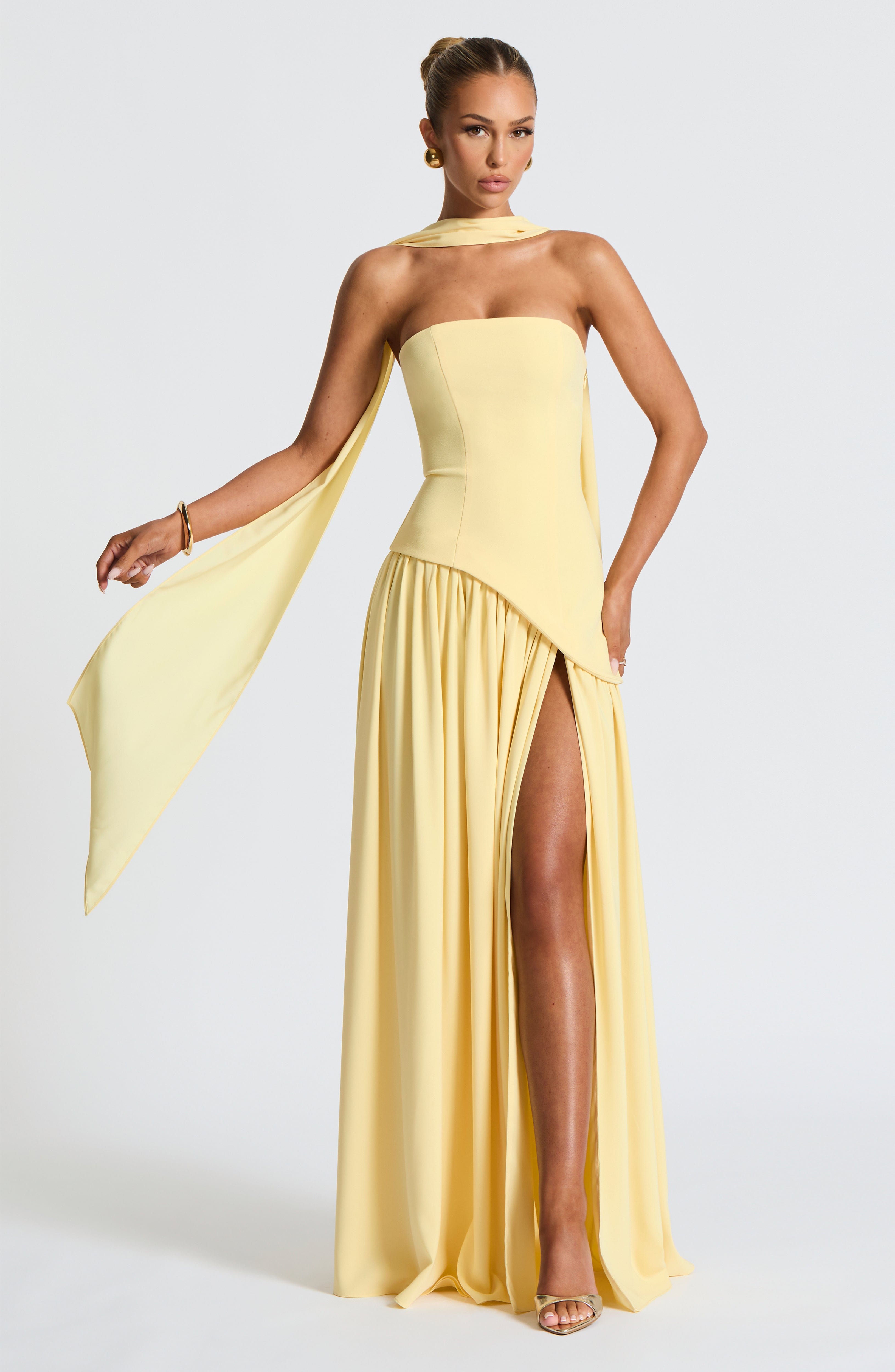 Women's Strapless Maxi Dress | Draped High Slit Scarf Detail Evening Gown
