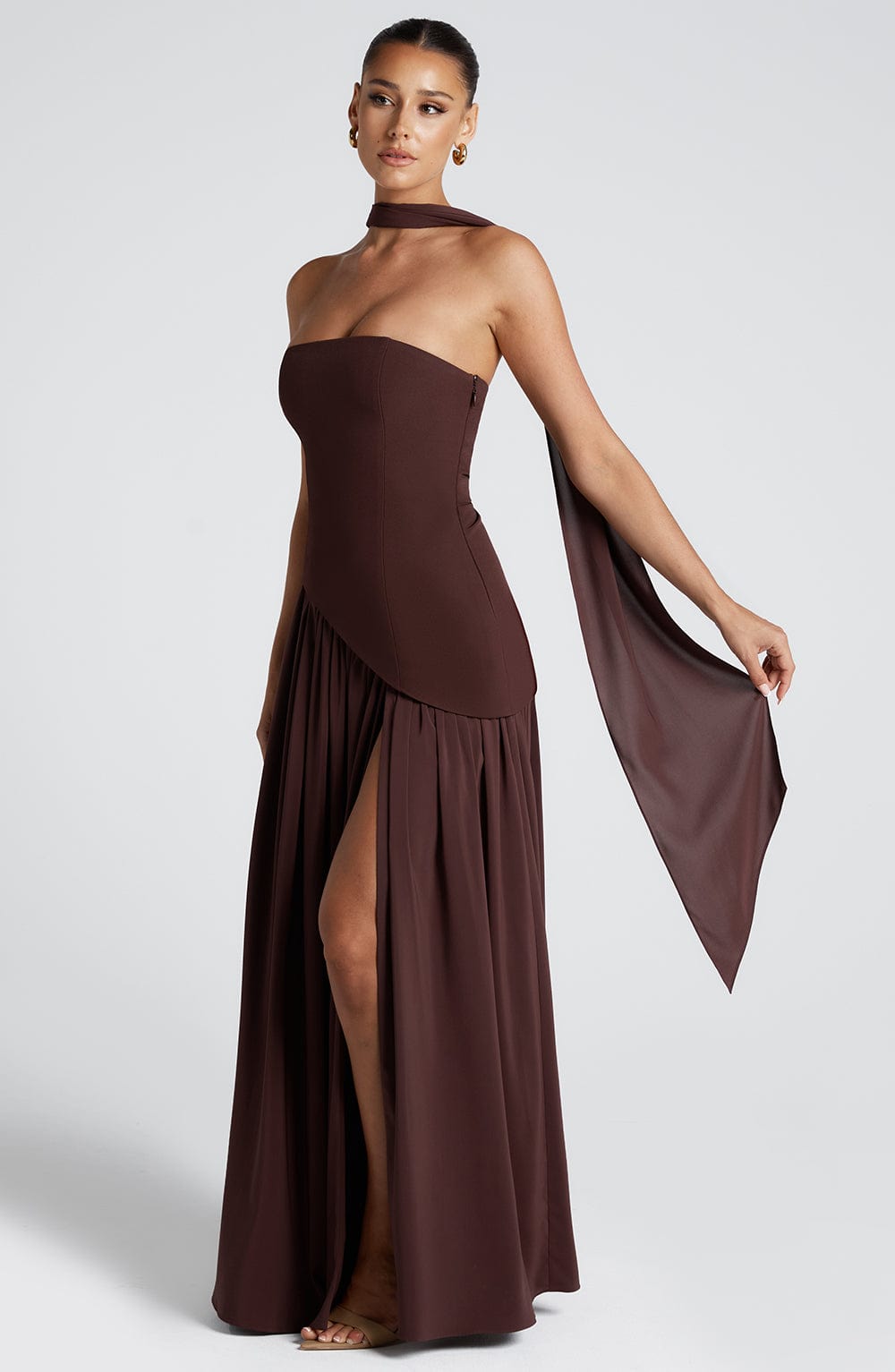 Women's Strapless Maxi Dress | Draped High Slit Scarf Detail Evening Gown