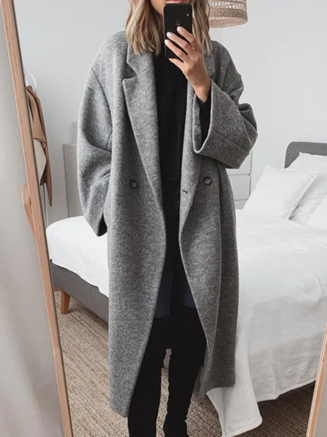 Women's Longline Coat with Lapel Collar and Button Front