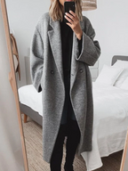 Women's Longline Coat with Lapel Collar and Button Front