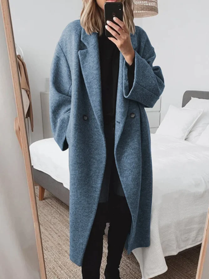 Women's Longline Coat with Lapel Collar and Button Front