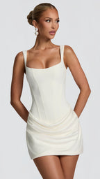 Women's White Bodycon Mini Dress | Square Neck Ruched Party Cocktail