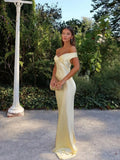 Women's Yellow Satin Maxi Dress | Off Shoulder Slip Evening Gown