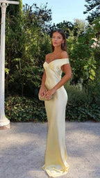 Women's Yellow Satin Maxi Dress | Off Shoulder Slip Evening Gown