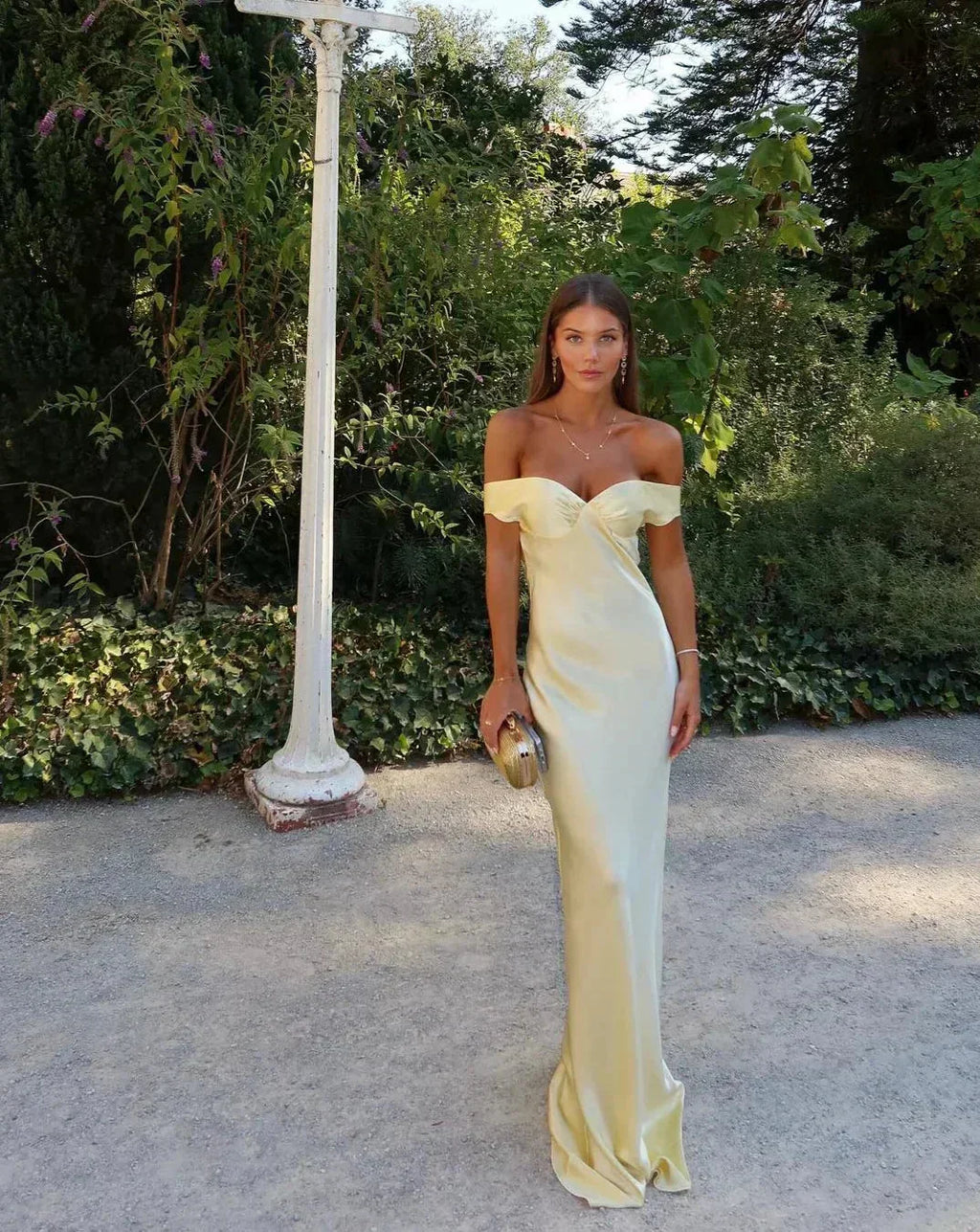 Women's Yellow Satin Maxi Dress | Off Shoulder Slip Evening Gown