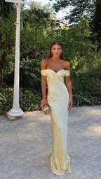 Women's Yellow Satin Maxi Dress | Off Shoulder Slip Evening Gown