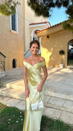 Women's Yellow Satin Maxi Dress | Off Shoulder Slip Evening Gown