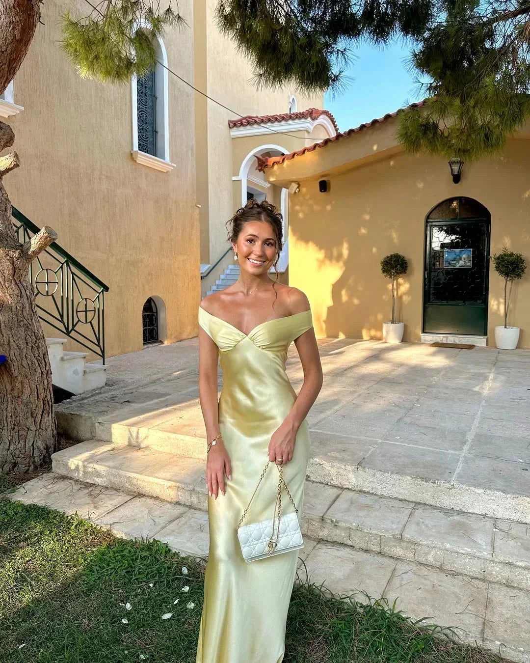 Women's Yellow Satin Maxi Dress | Off Shoulder Slip Evening Gown