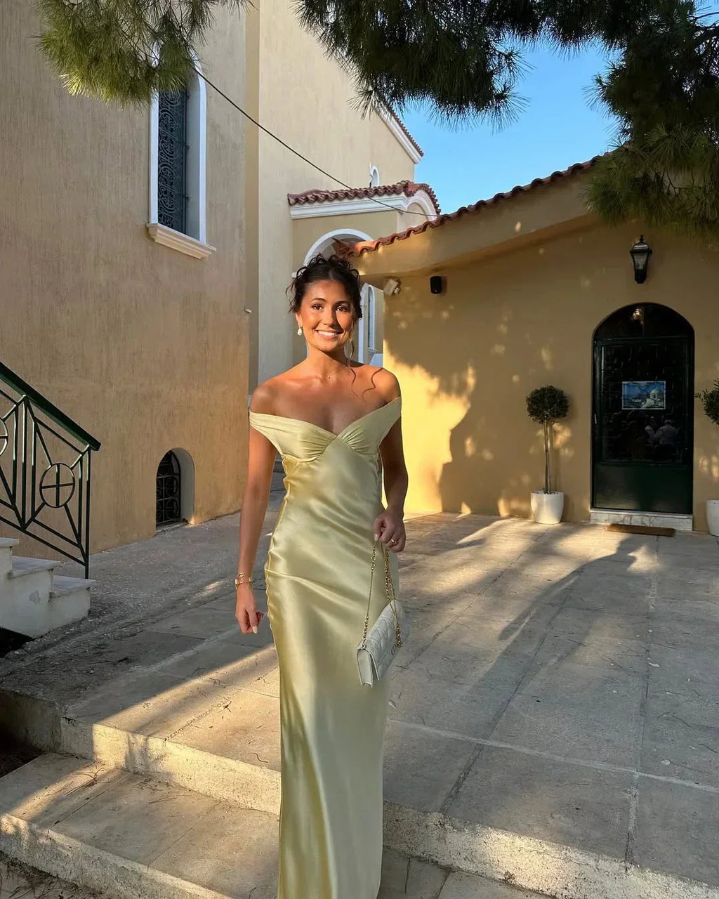Women's Yellow Satin Maxi Dress | Off Shoulder Slip Evening Gown