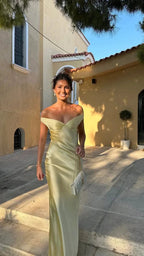 Women's Yellow Satin Maxi Dress | Off Shoulder Slip Evening Gown
