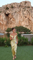 Women's Yellow Satin Maxi Dress | Off Shoulder Slip Evening Gown